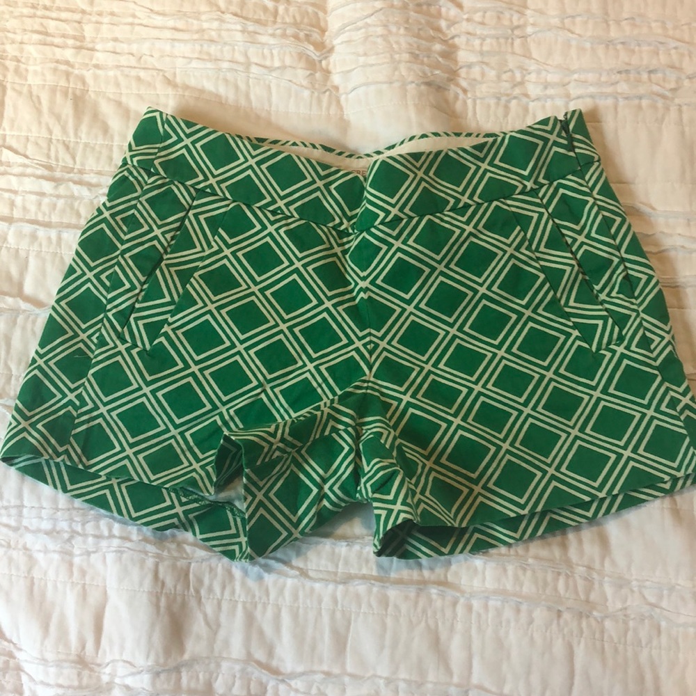 Emerald green, geometric patterned J. Crew shorts